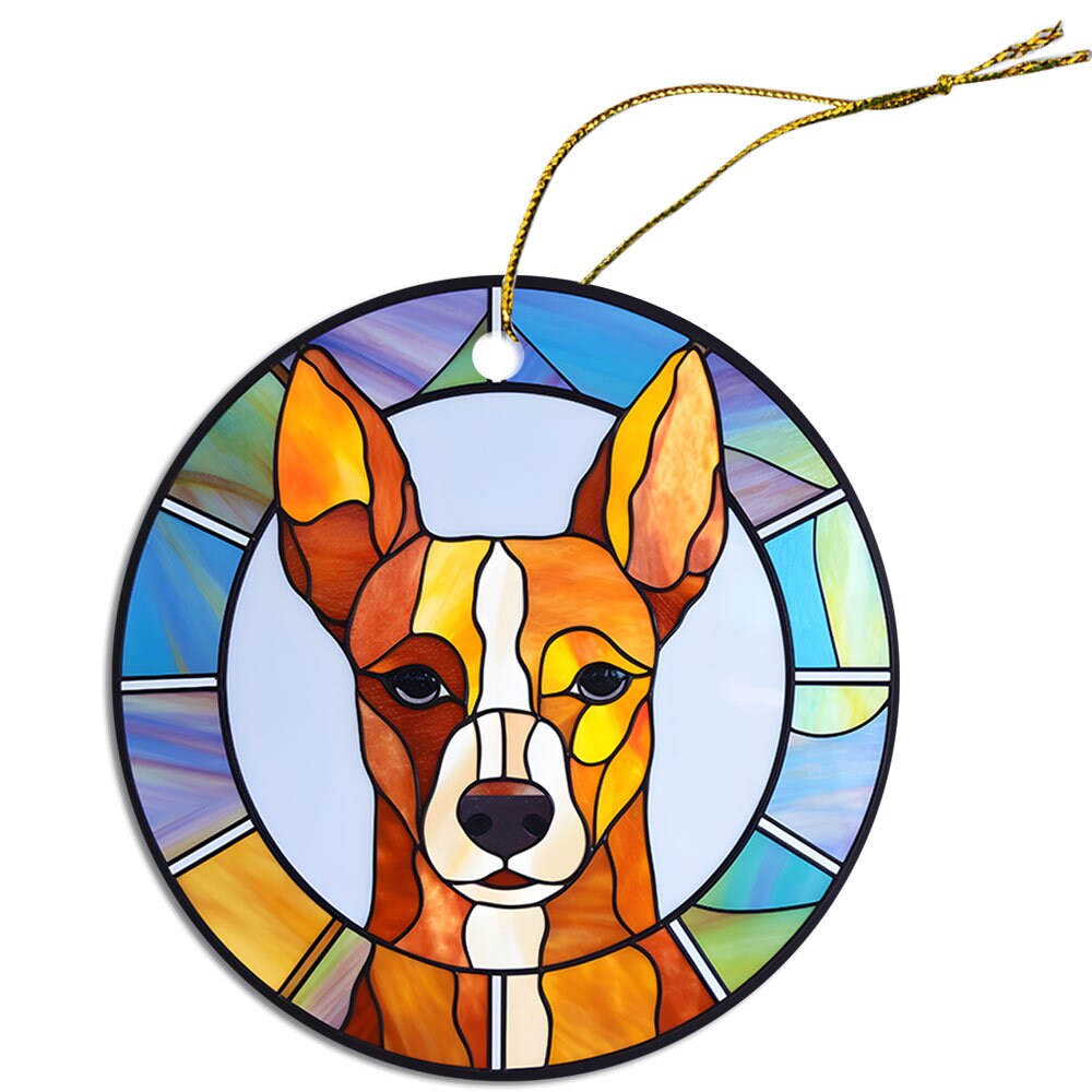 Stained glass style Christmas ornament featuring a Basenji dog breed design, with vibrant colors and an elegant golden string.
